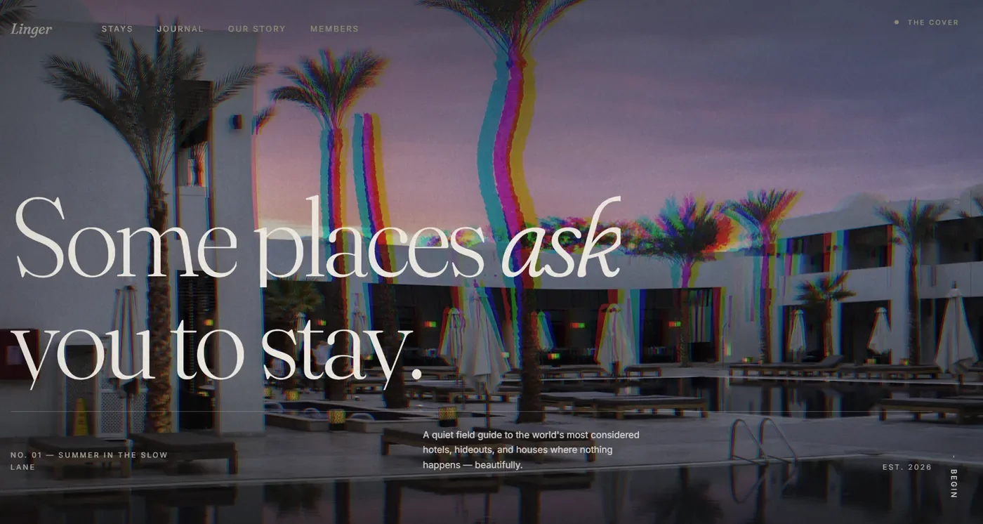The Linger cover: “Some places ask you to stay.” over a pool lined with palms at dusk