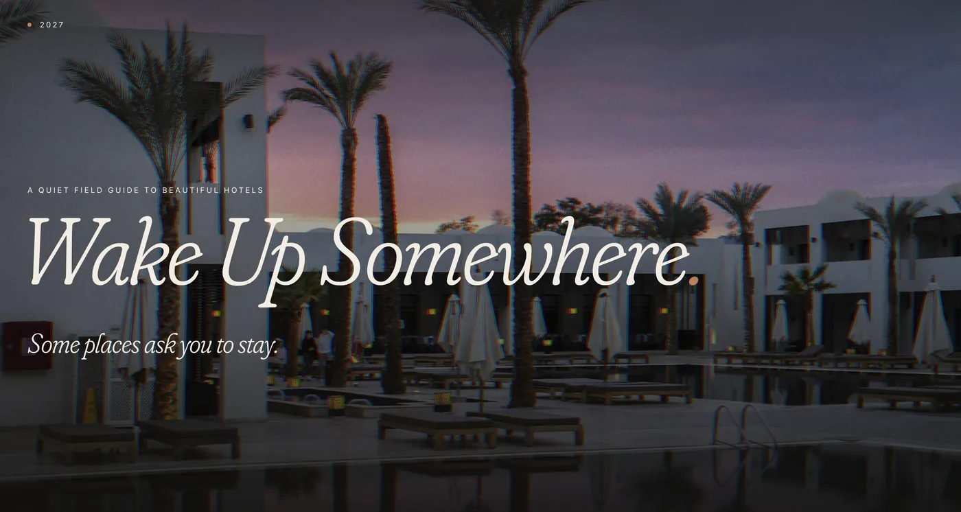 The Wake Up Somewhere cover: the name and “Some places ask you to stay.” over a pool lined with palms at dusk